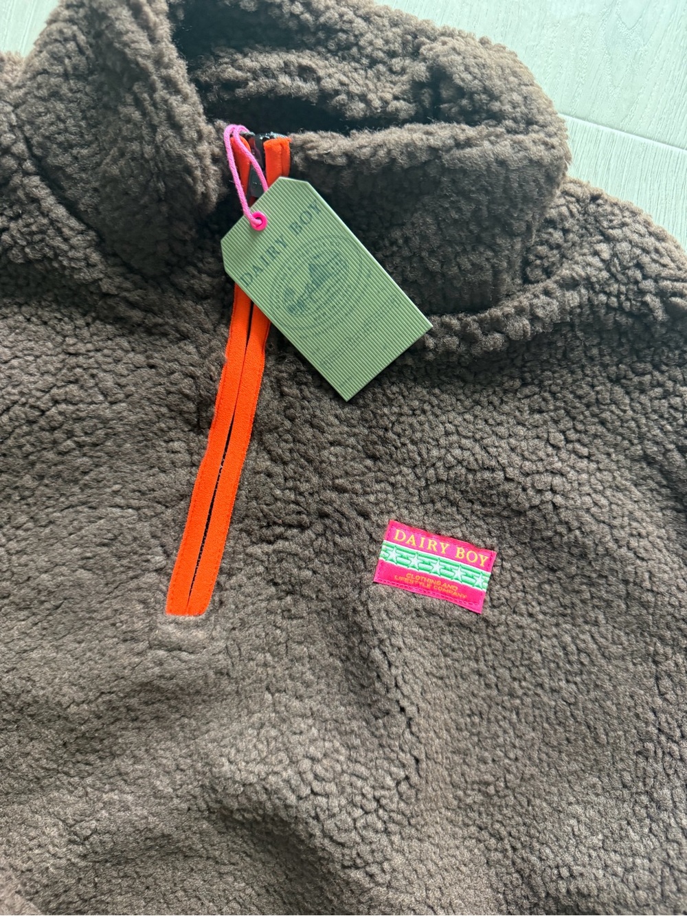 Dairy Boy Brown Sherpa Pullover with Orange Zip